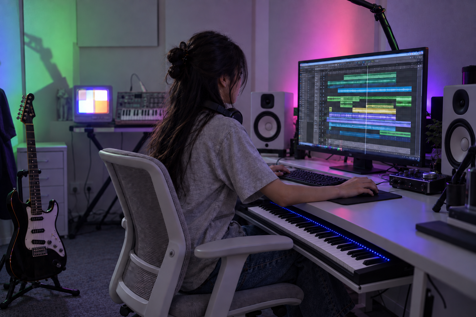 ภาพสร้างด้วย AI: วัยรุ่นทดลองทำเพลงใน creative studio พร้อมกีตาร์และ MIDI keyboard